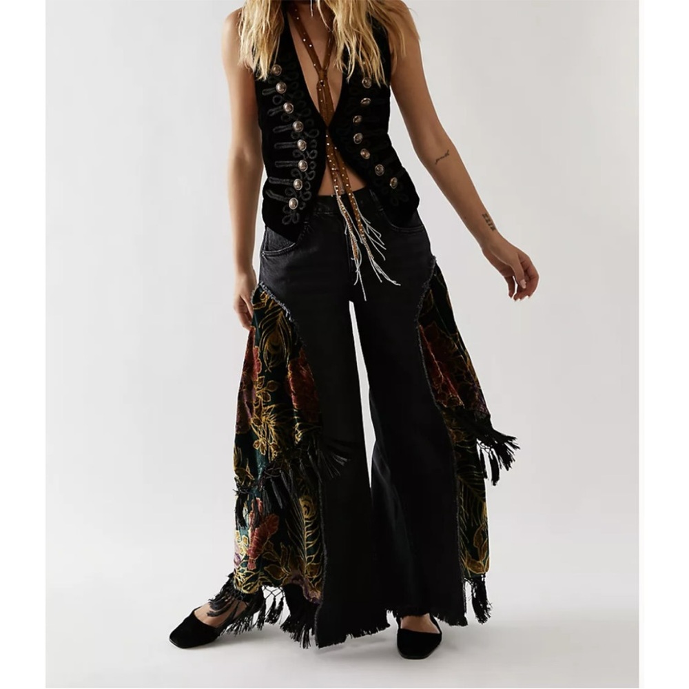 Free People Just Frills Low-Rise Wide-Leg Bandana Layered Tassel Jeans - Picture 6 of 10